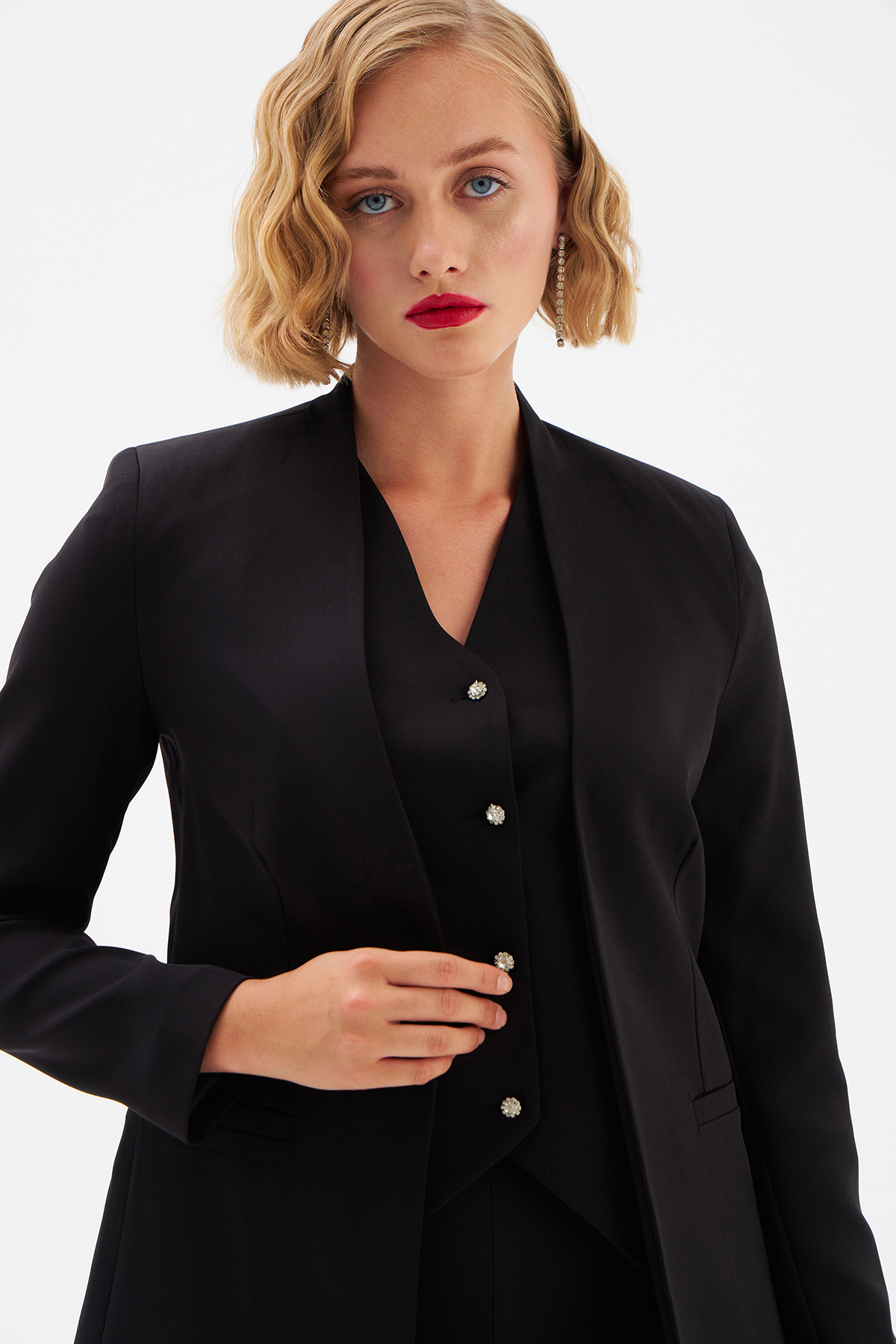 Düz Yaka Uzun Ceket - SİYAH