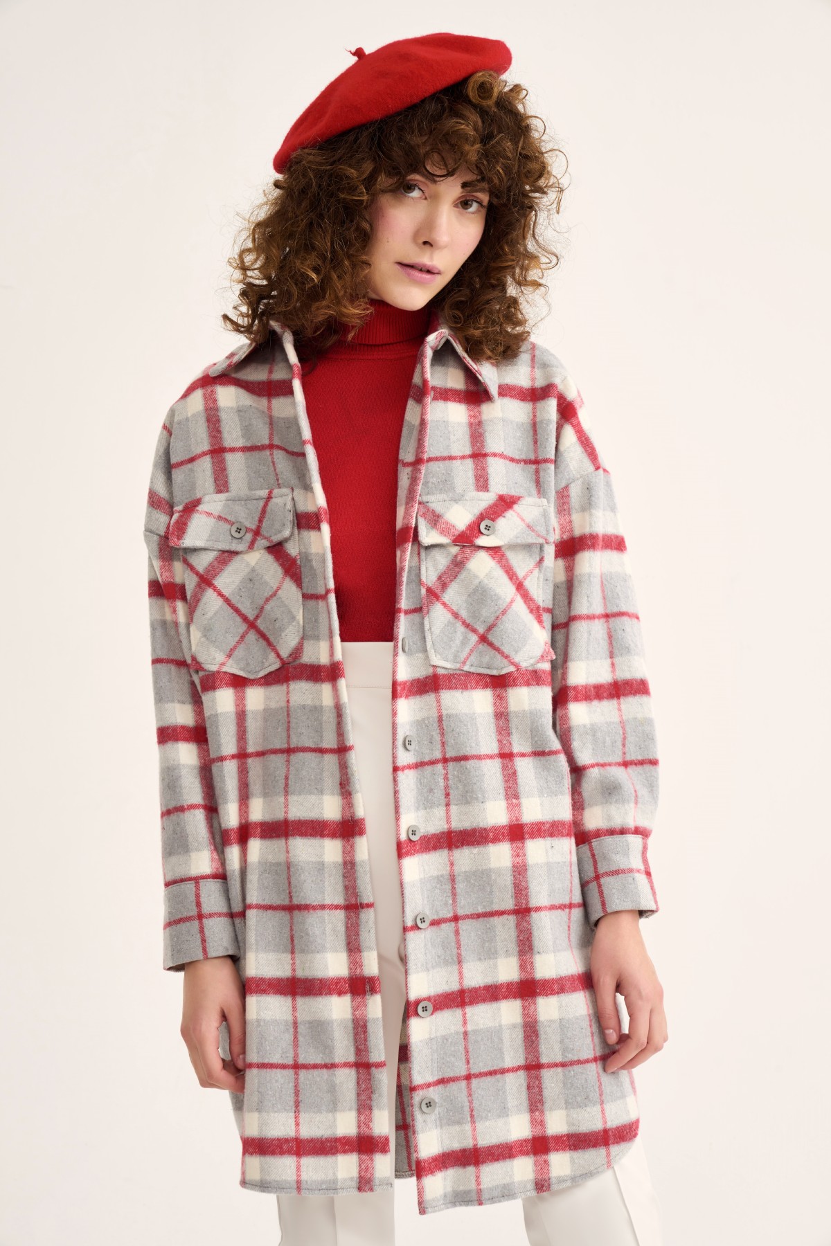 Ekose desenli uzun gömlek - BORDO