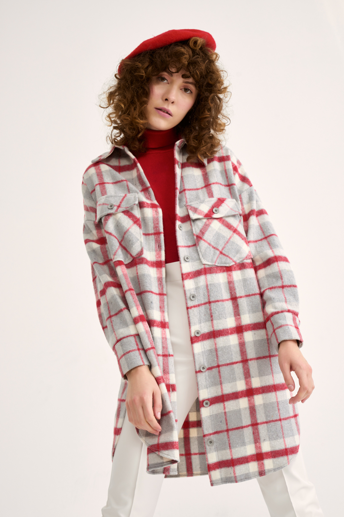 Ekose desenli uzun gömlek - BORDO