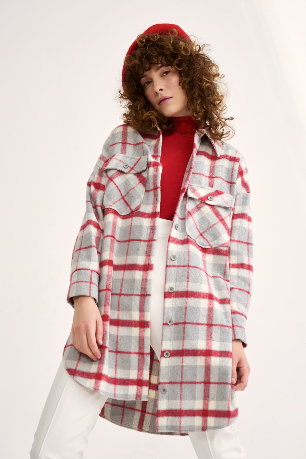 Ekose desenli uzun gömlek - BORDO