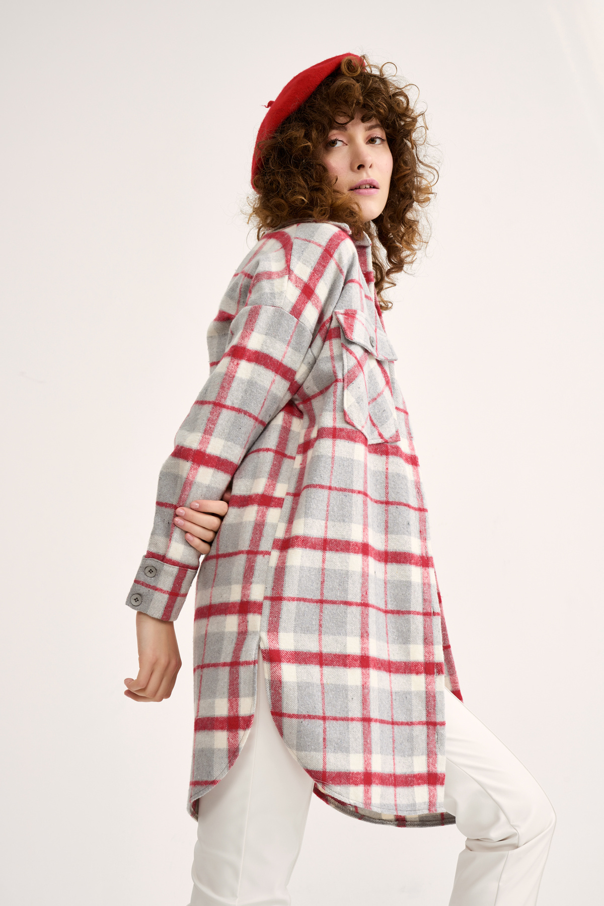 Ekose desenli uzun gömlek - BORDO