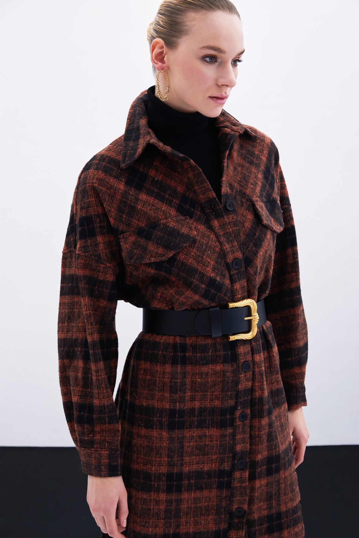 Ekose Desenli Uzun Gömlek - Kiremit