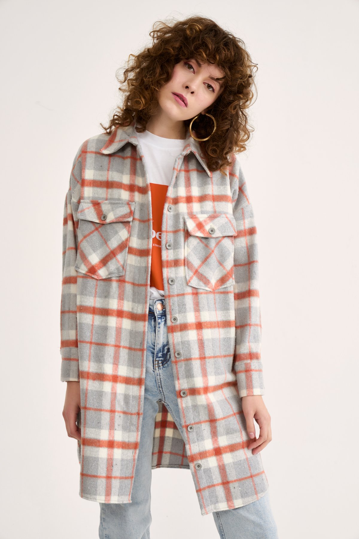 Ekose desenli uzun gömlek - KİREMİT