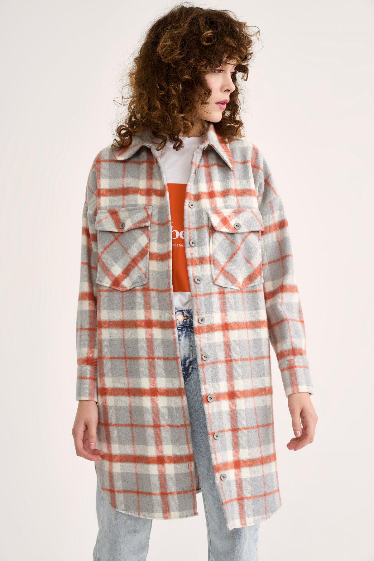 Ekose desenli uzun gömlek - KİREMİT