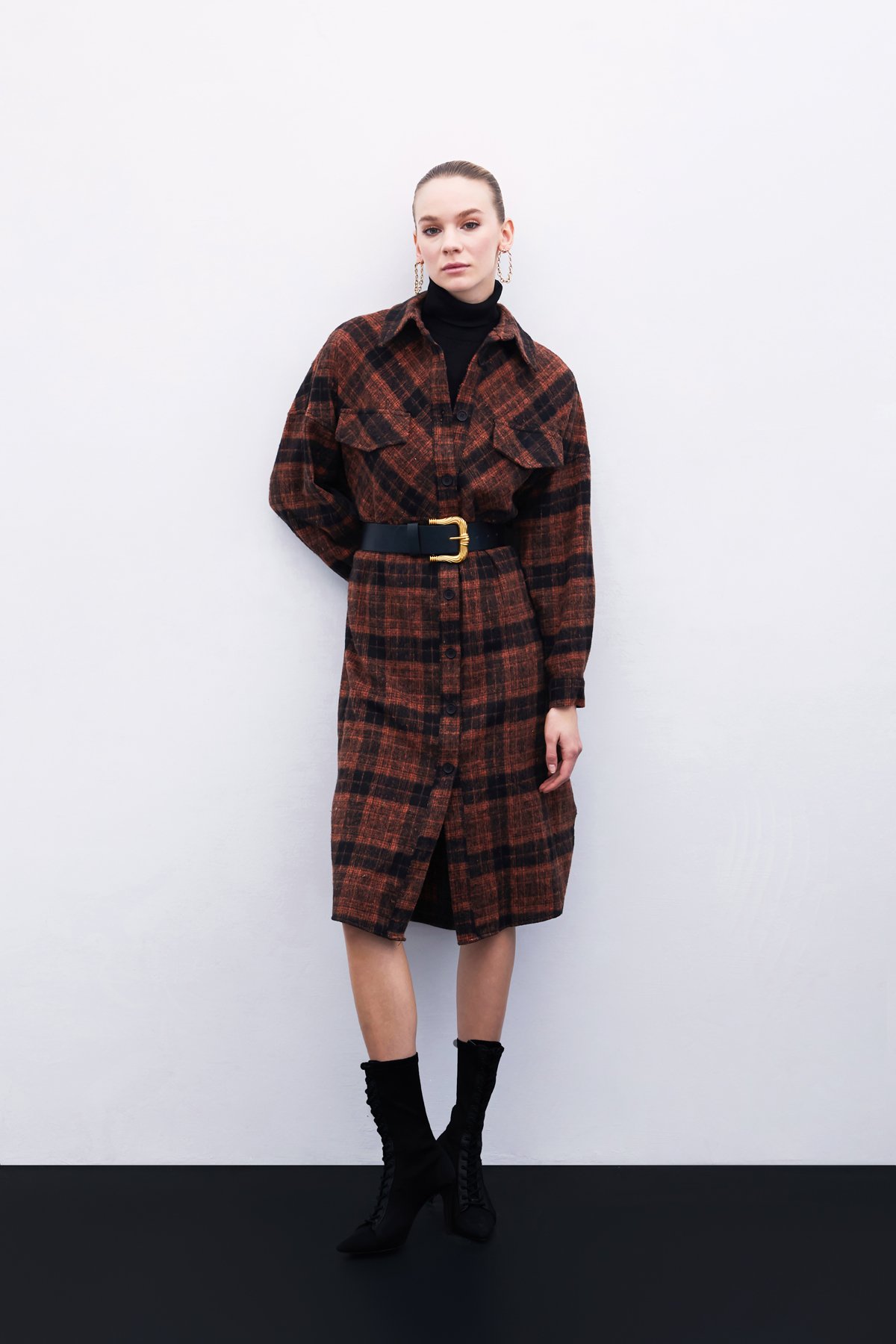 Ekose Desenli Uzun Gömlek - Kiremit