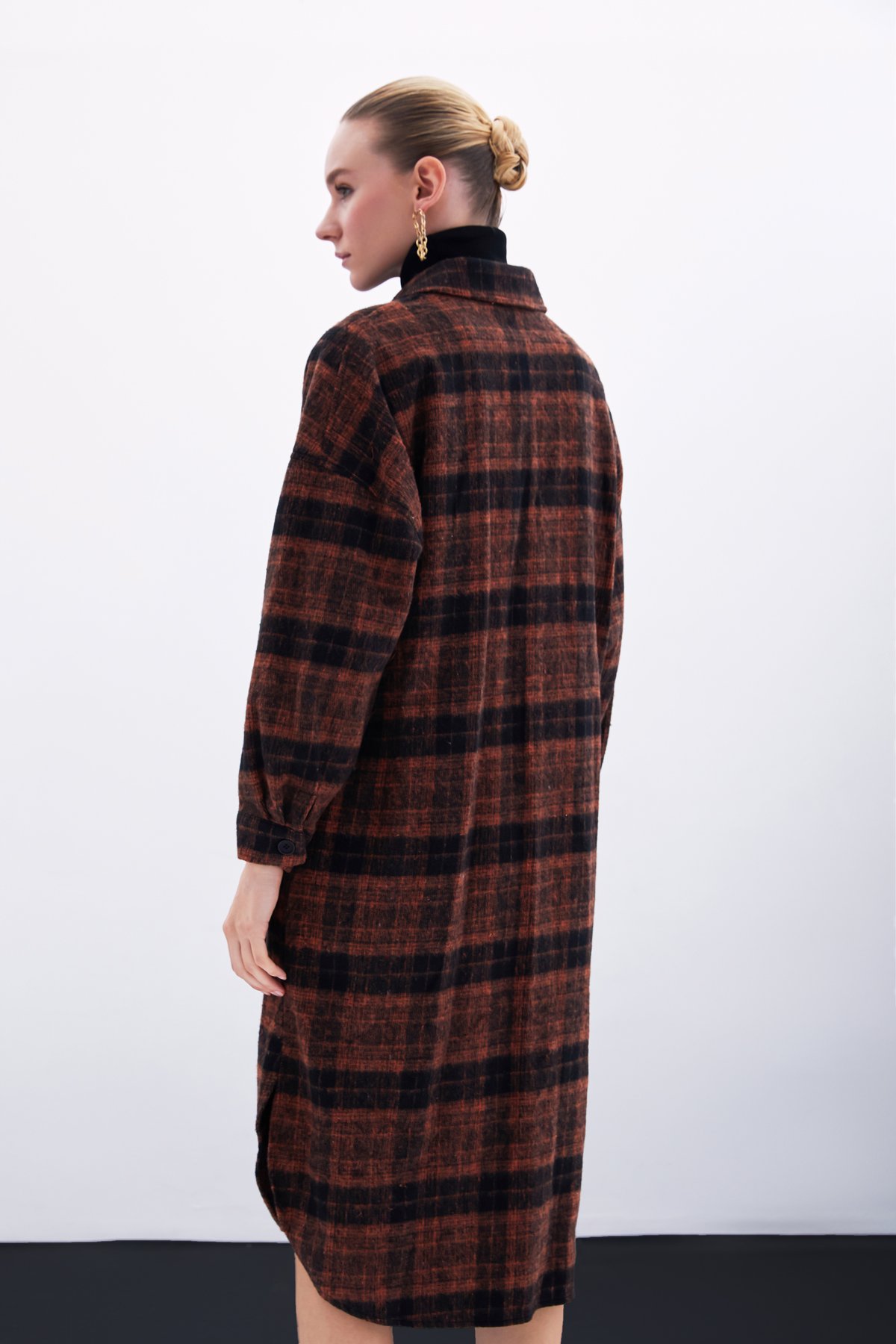 Ekose Desenli Uzun Gömlek - Kiremit