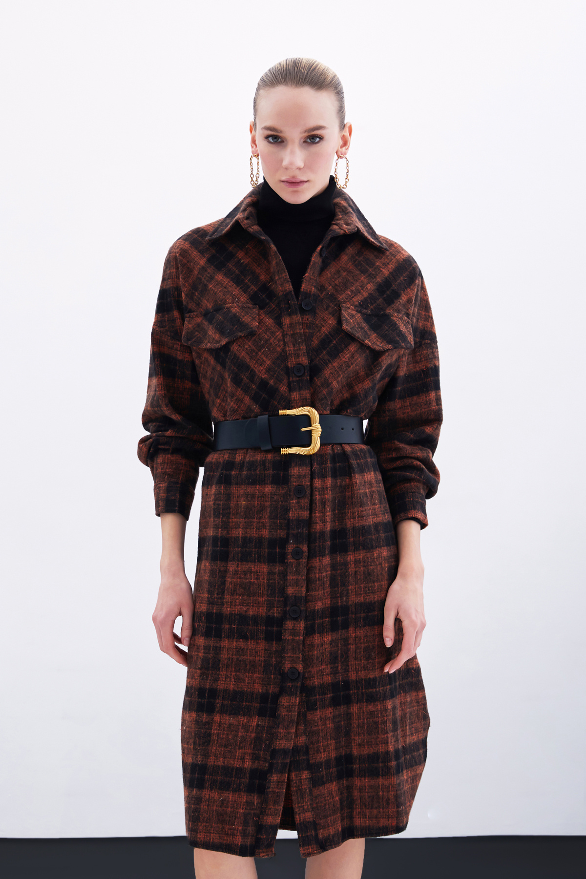 Ekose Desenli Uzun Gömlek - Kiremit