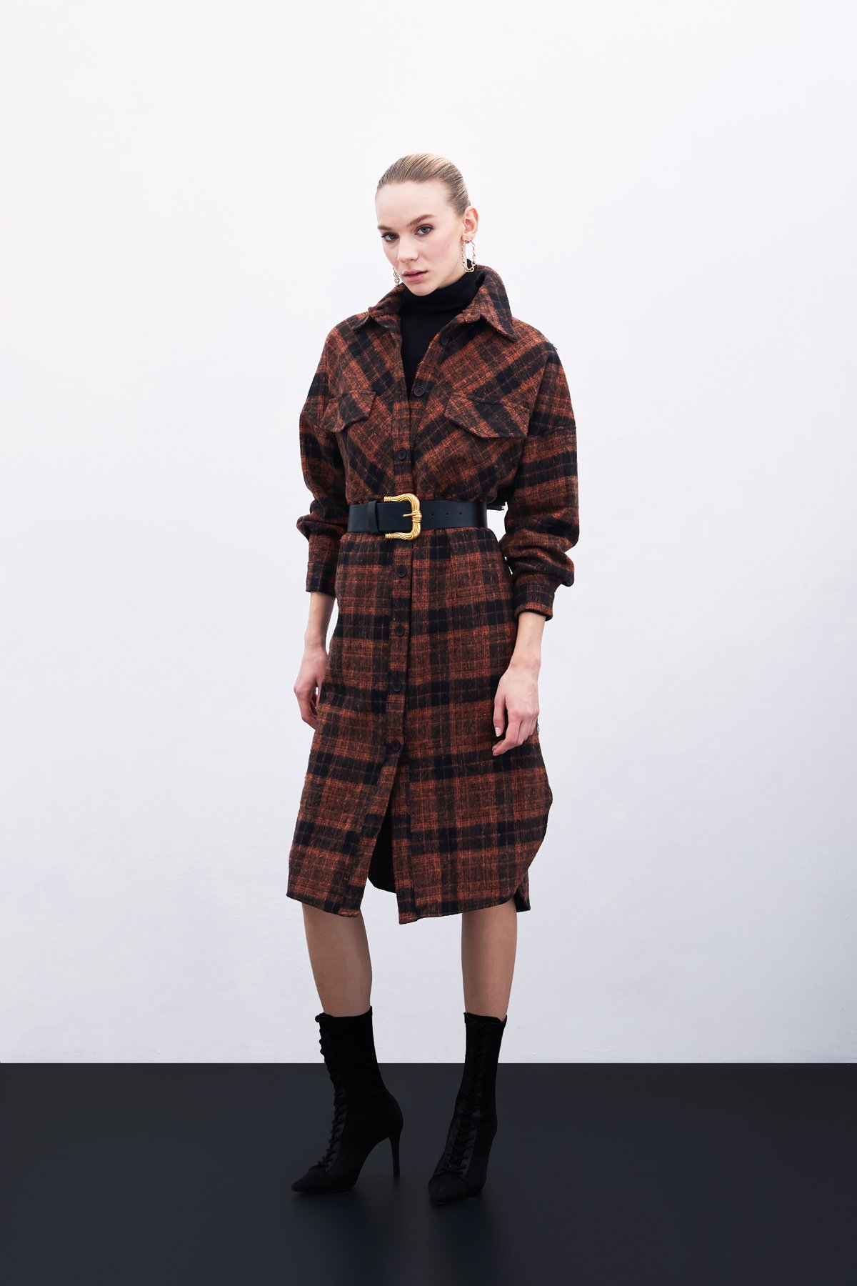 Ekose Desenli Uzun Gömlek - Kiremit