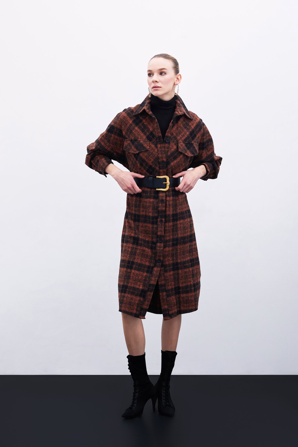 Ekose Desenli Uzun Gömlek - Kiremit