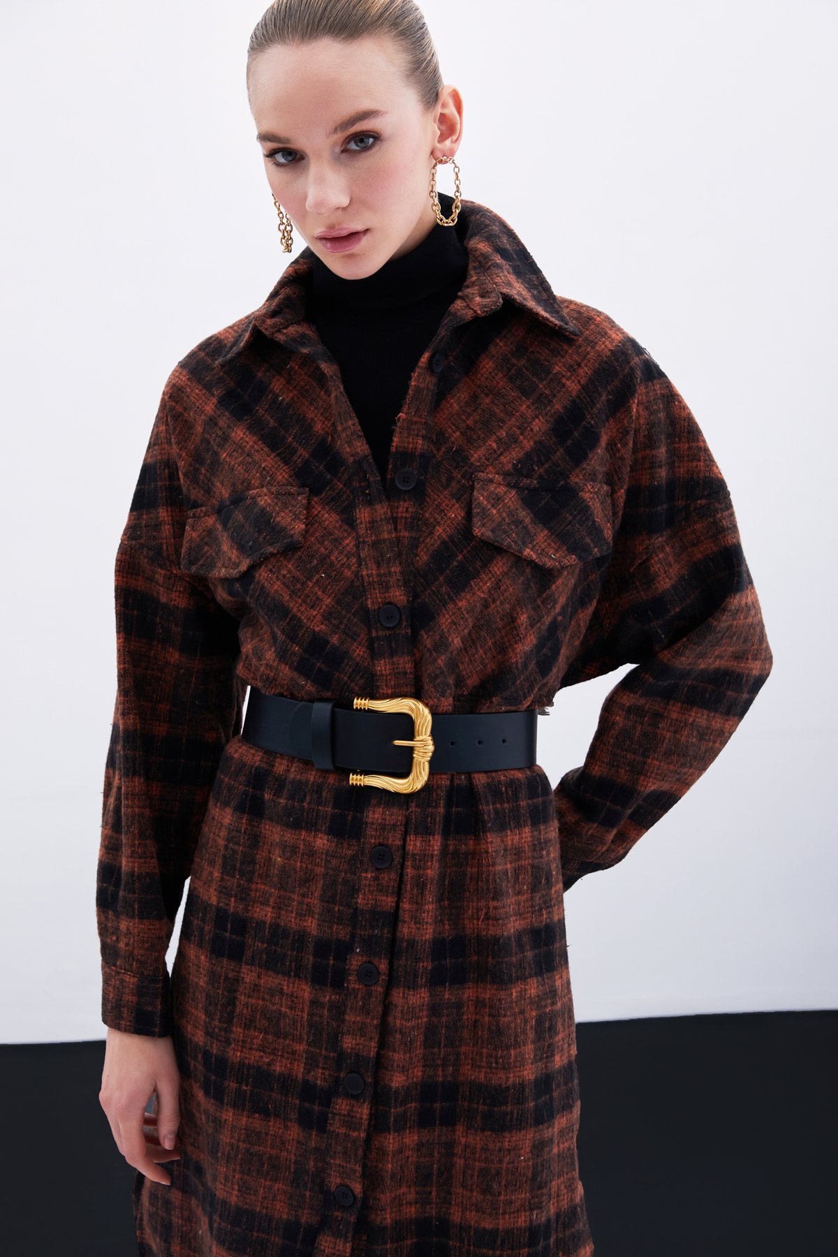 Ekose Desenli Uzun Gömlek - Kiremit