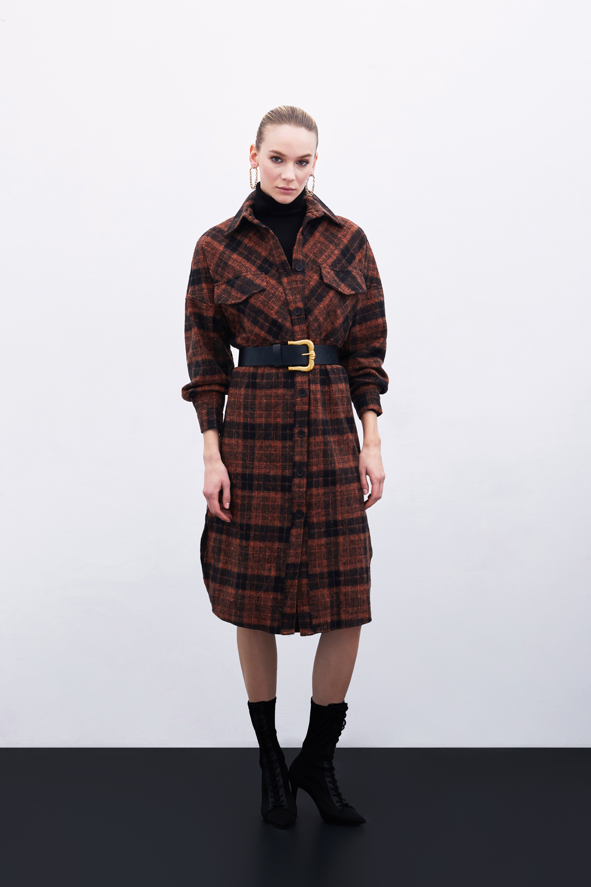 Ekose Desenli Uzun Gömlek - Kiremit