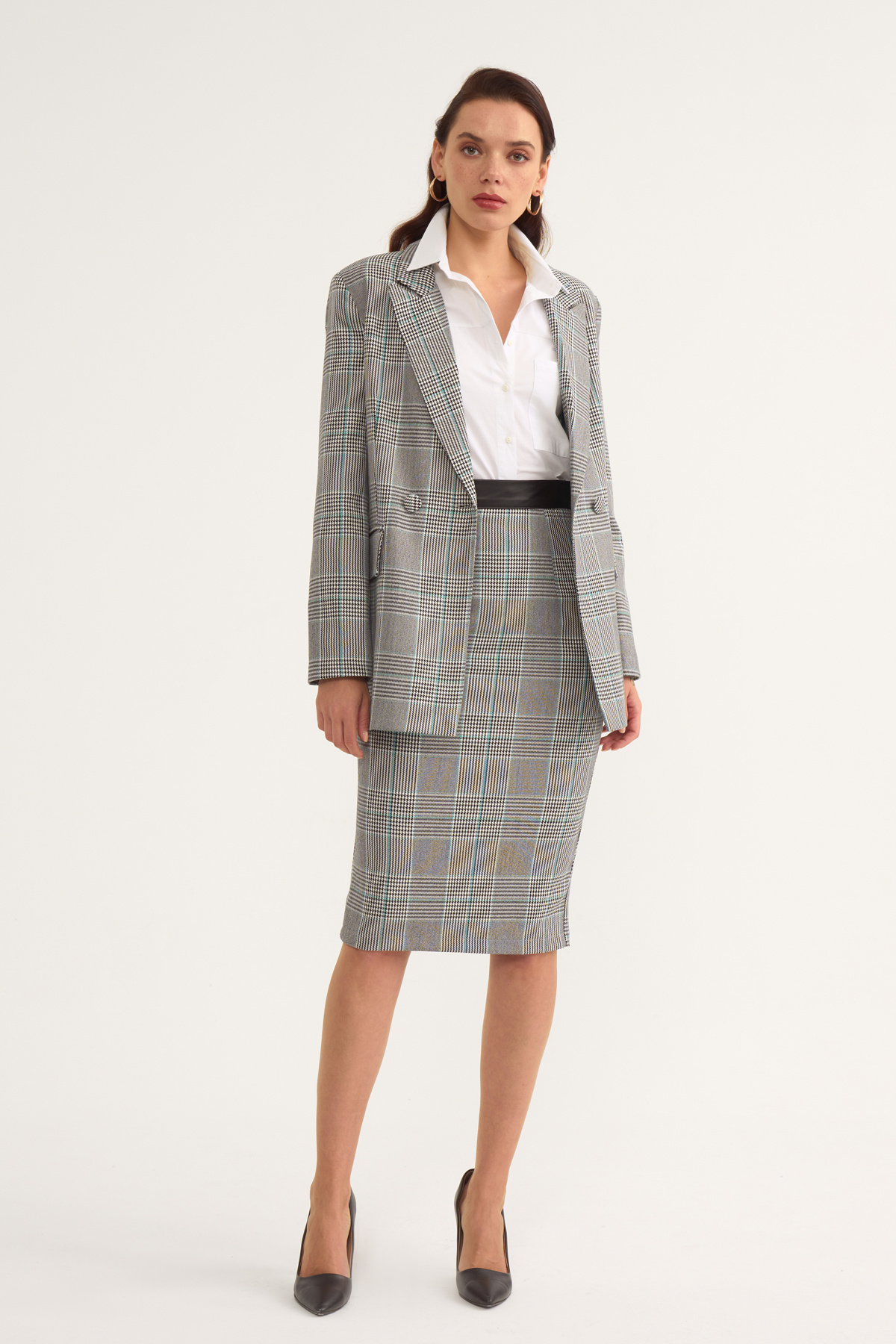 Plaid detailed pencil skirt - TURQUOISE-GREY