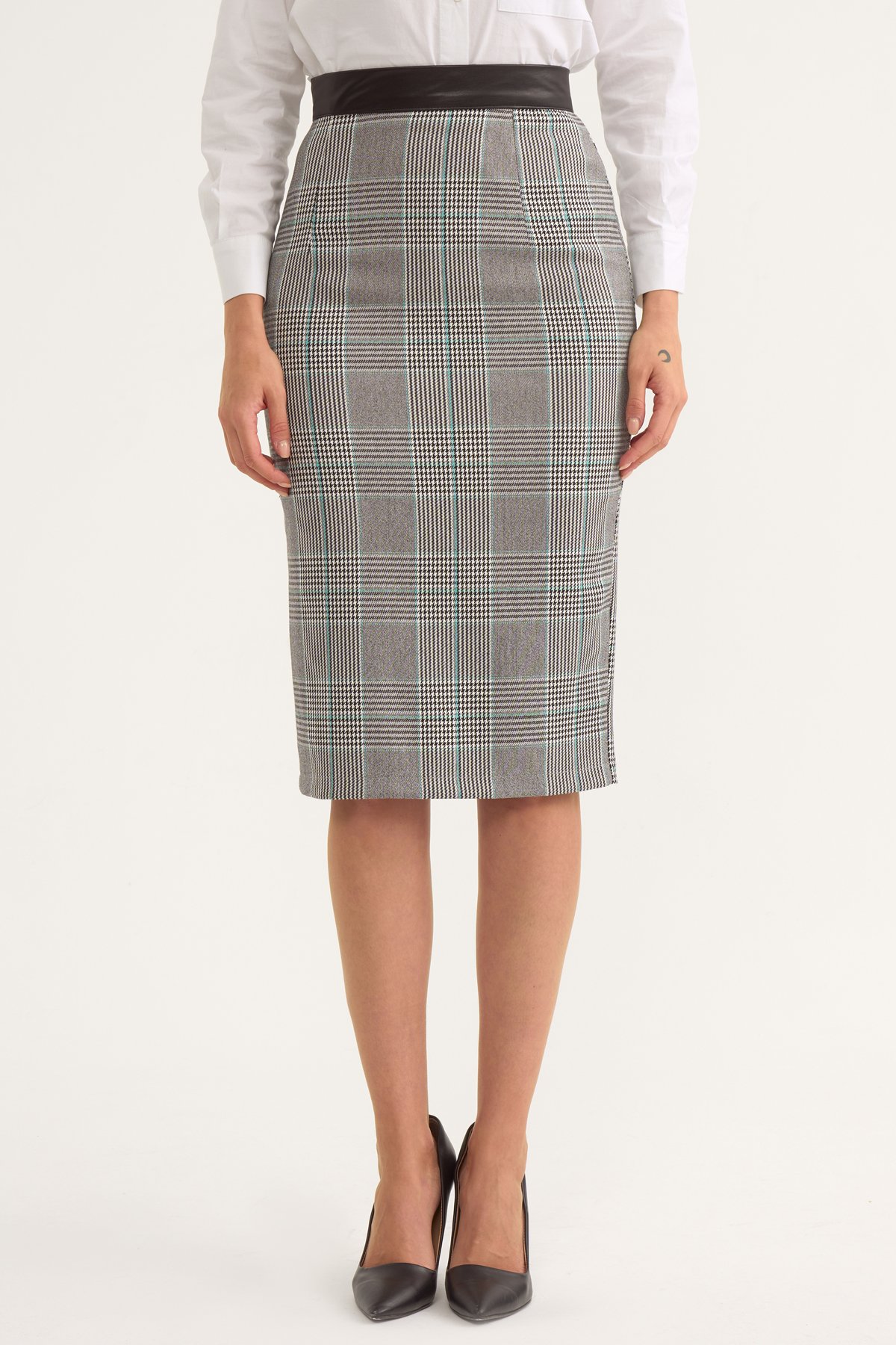 Plaid detailed pencil skirt - TURQUOISE-GREY