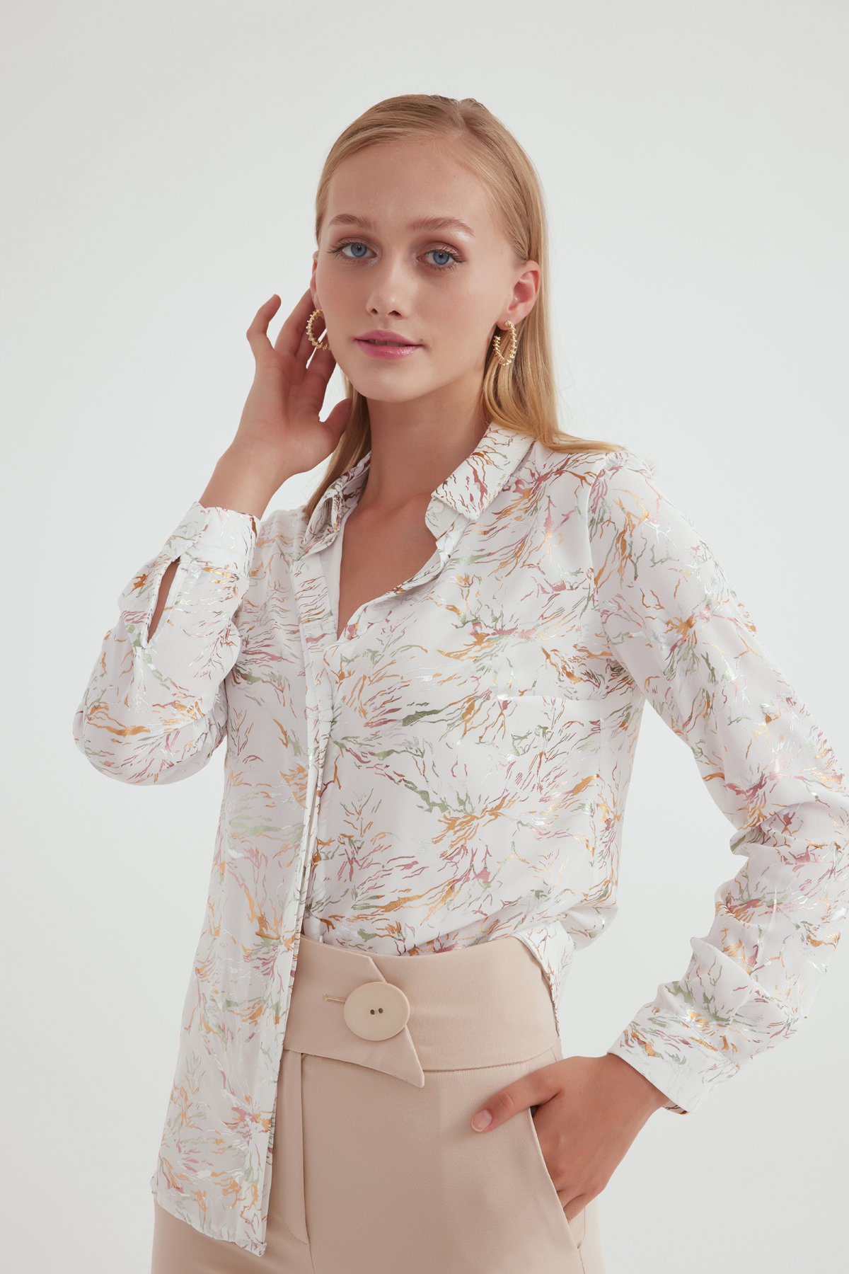 Emprime desen şifon gömlek - EKRU