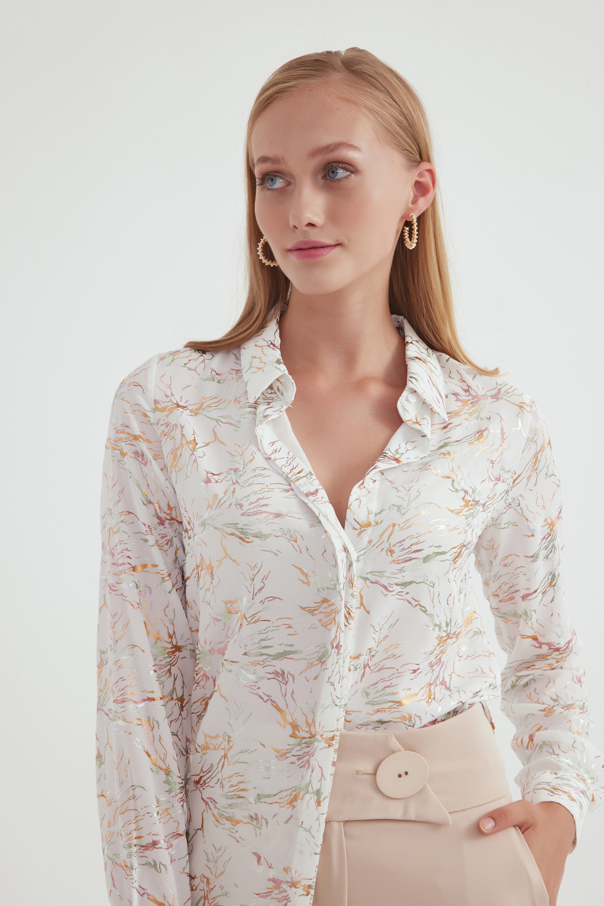 Emprime desen şifon gömlek - EKRU