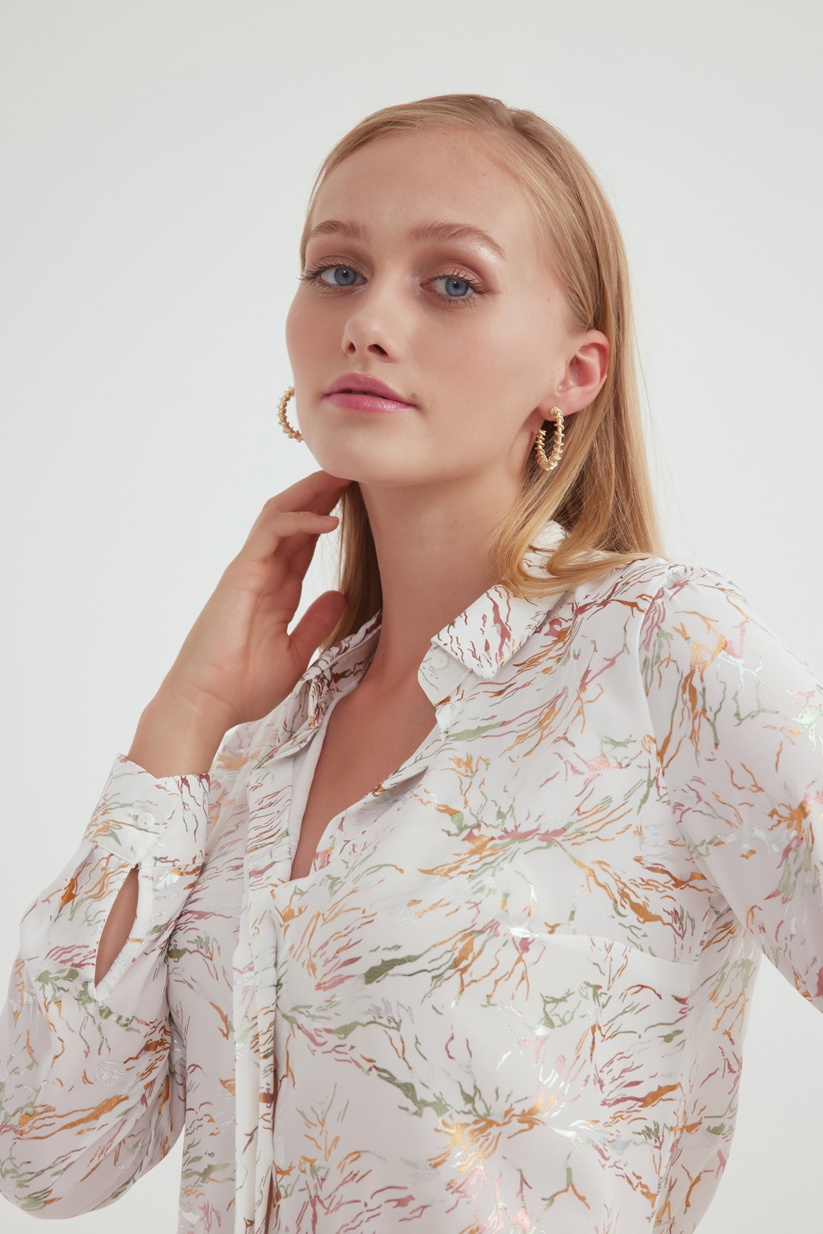 Emprime desen şifon gömlek - EKRU