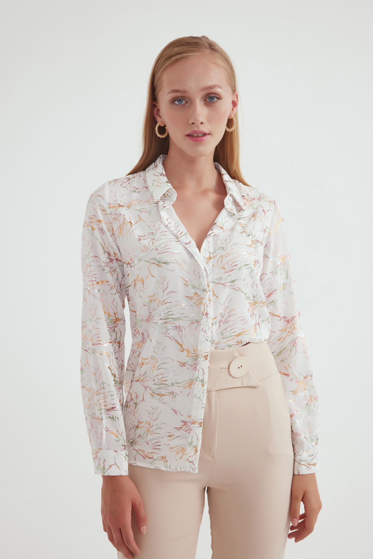 Emprime desen şifon gömlek - EKRU