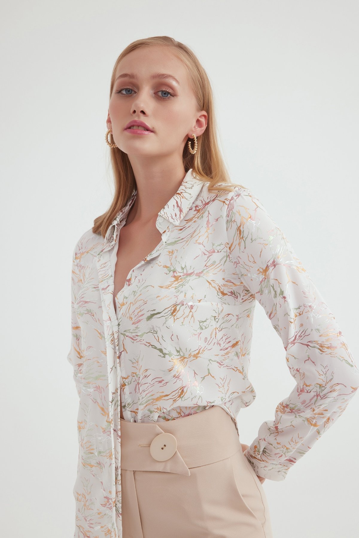 Emprime desen şifon gömlek - EKRU