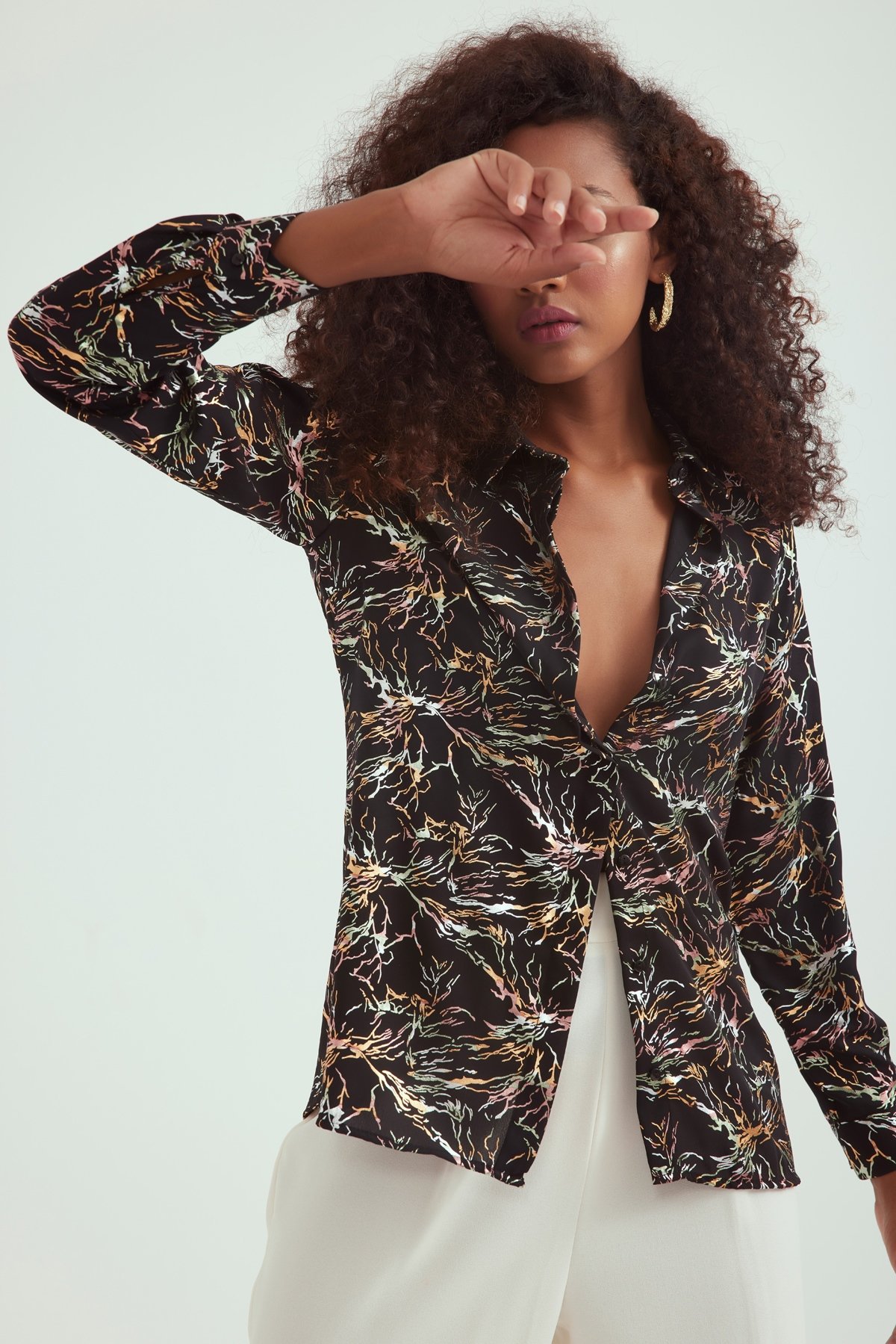 Emprime desen şifon gömlek - SİYAH