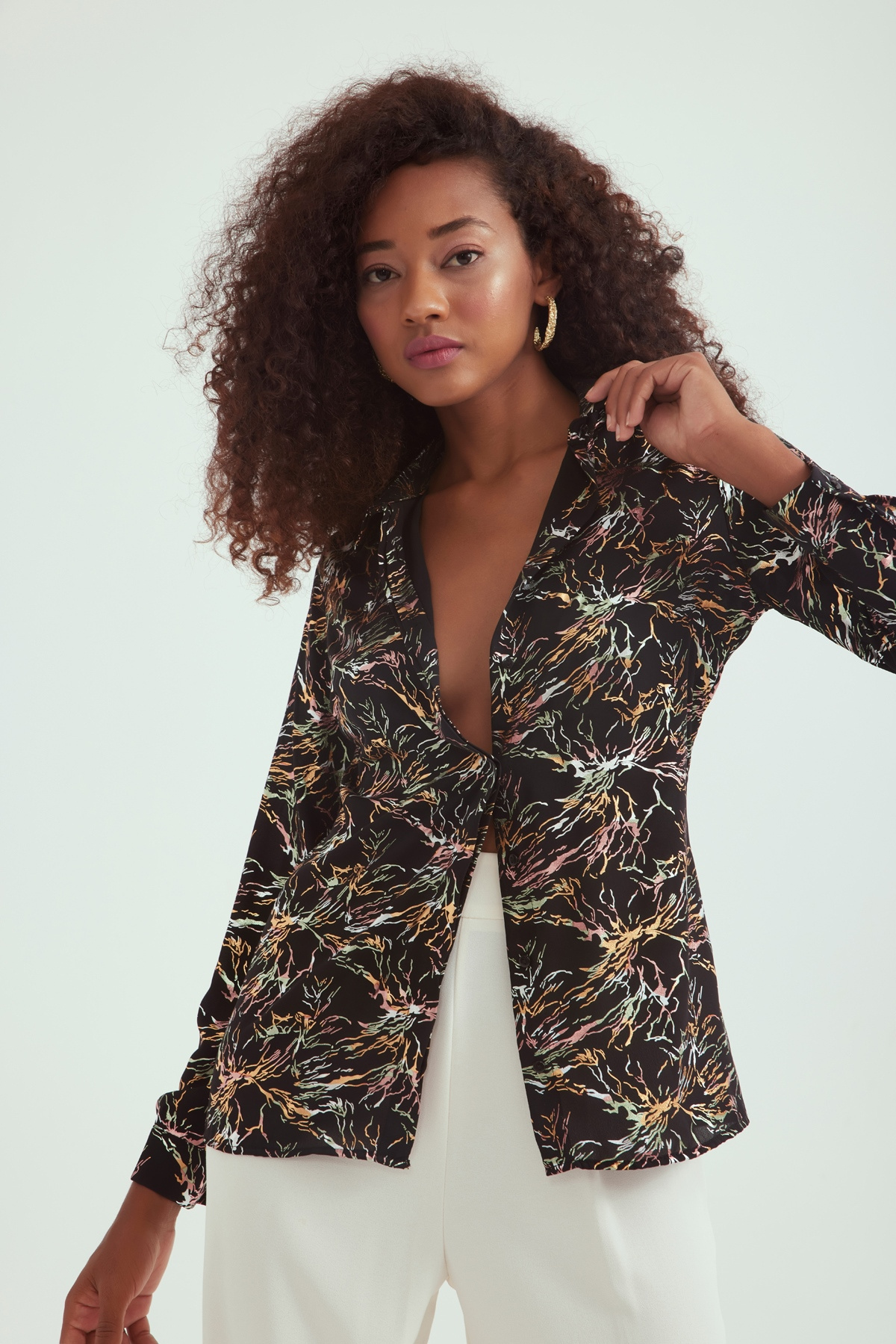 Emprime desen şifon gömlek - SİYAH