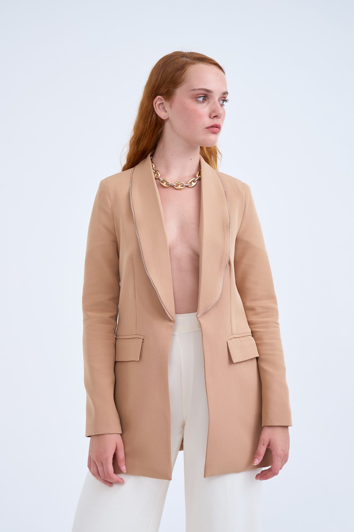 Fermuar detaylı yaka klasik ceket - CAMEL