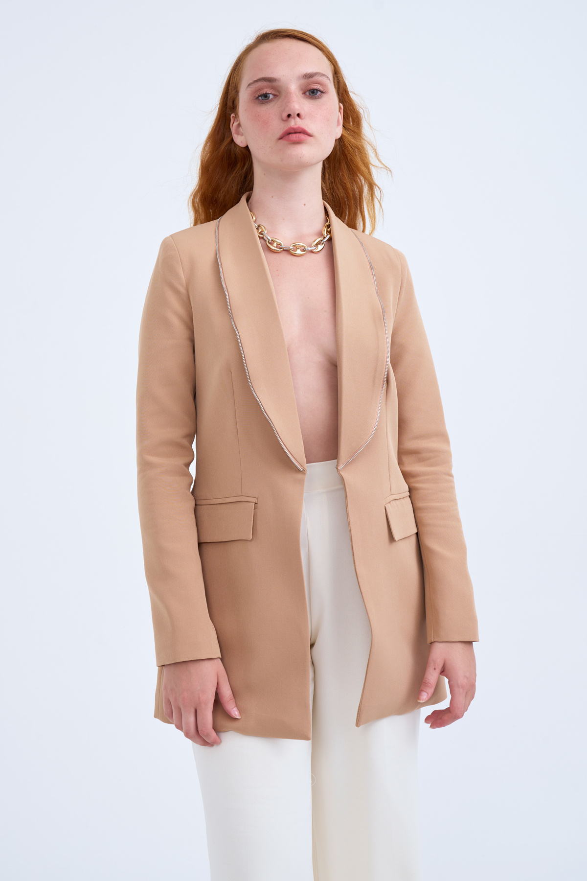 Fermuar detaylı yaka klasik ceket - CAMEL