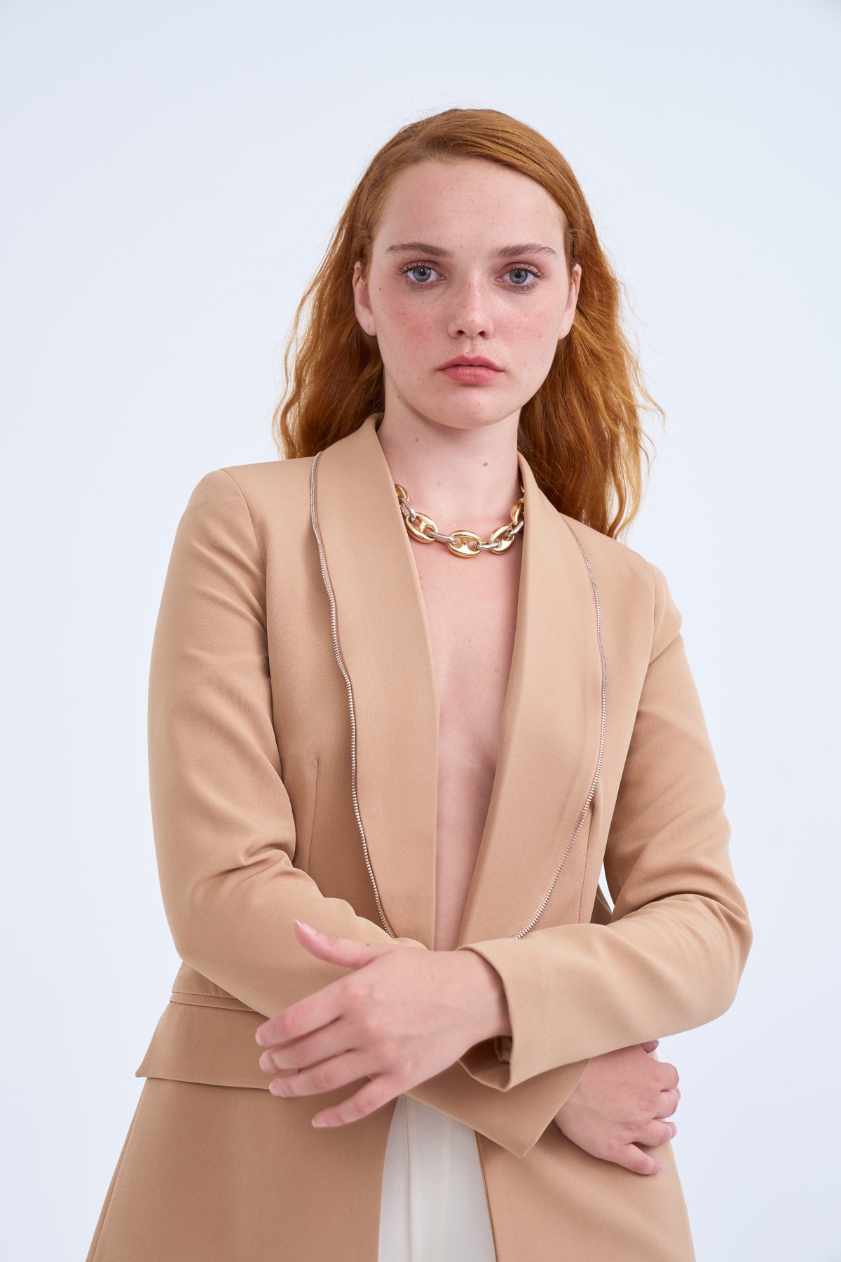 Fermuar detaylı yaka klasik ceket - CAMEL