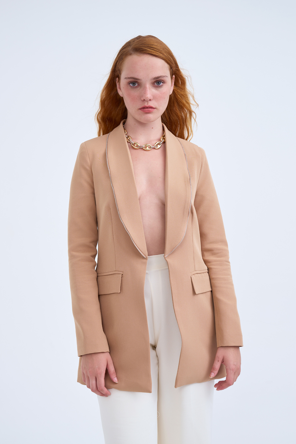 Fermuar detaylı yaka klasik ceket - CAMEL