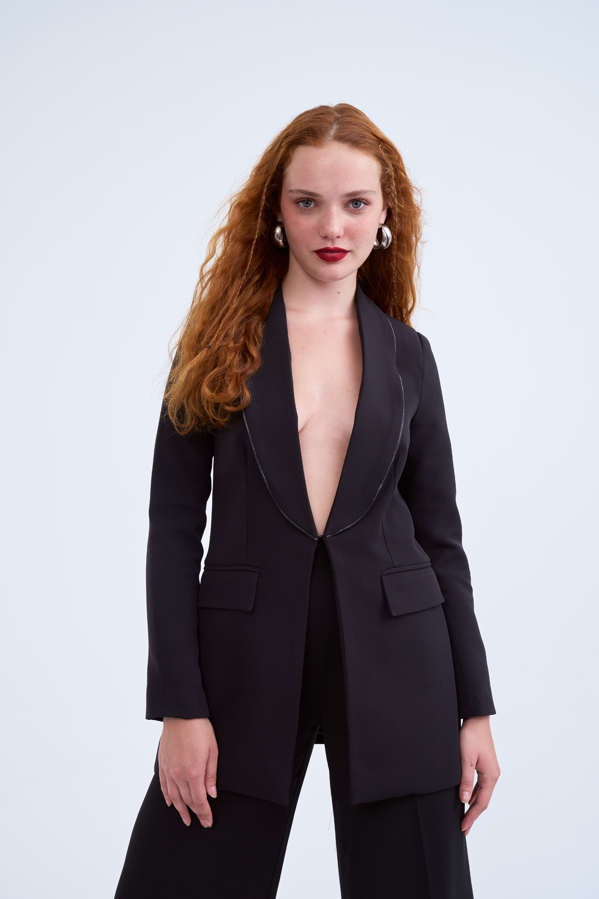 Fermuar detaylı yaka klasik ceket - SİYAH