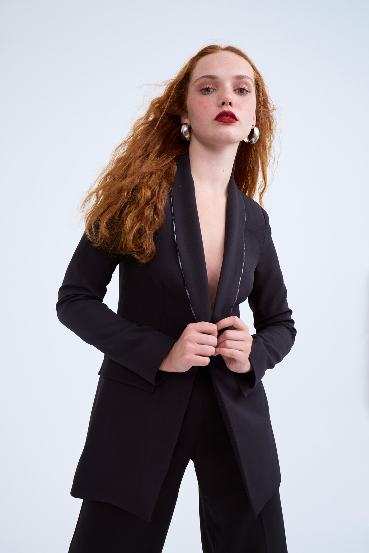 Fermuar detaylı yaka klasik ceket - SİYAH