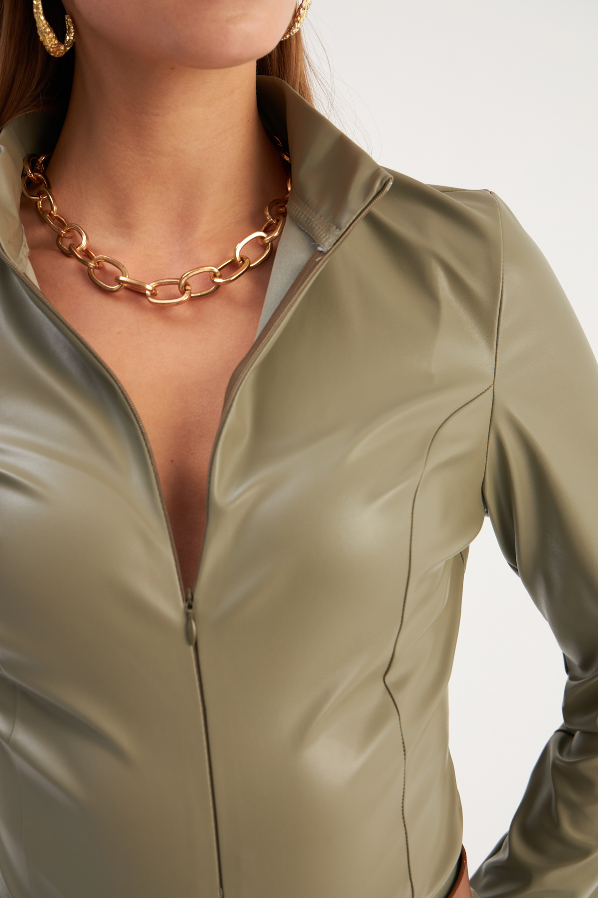 Fermuarlı Deri Bodysuit - ÇAĞLA YEŞİLİ