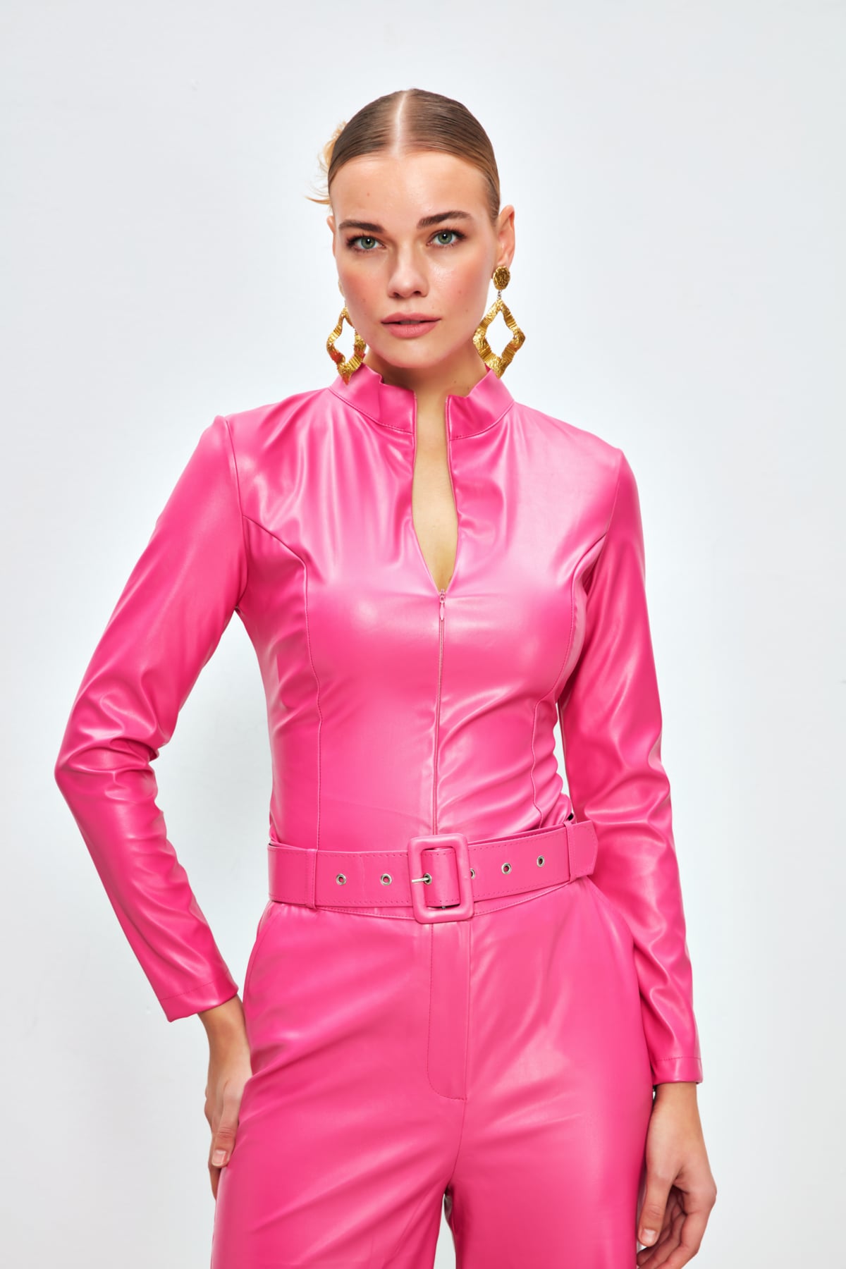 Zippered Leather Bodysuit - FuchsIa