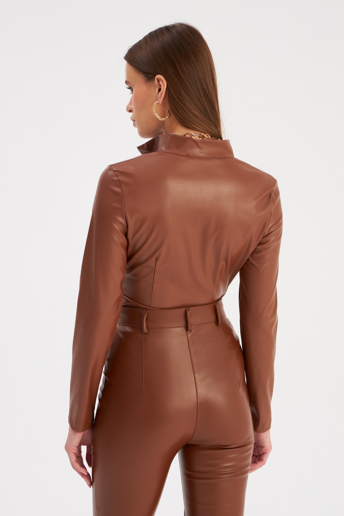 Fermuarlı Deri Bodysuit - KAHVE