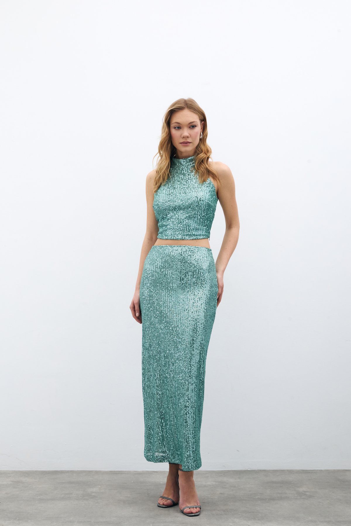 Fermuarlı Karolin Midi Etek - Mint