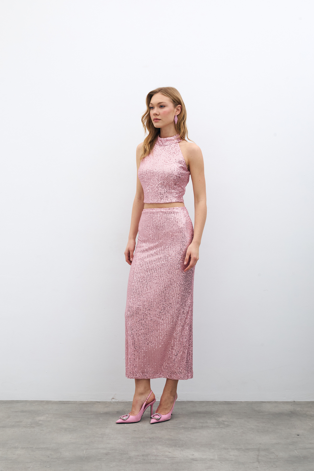 Fermuarlı Karolin Midi Etek - Pudra