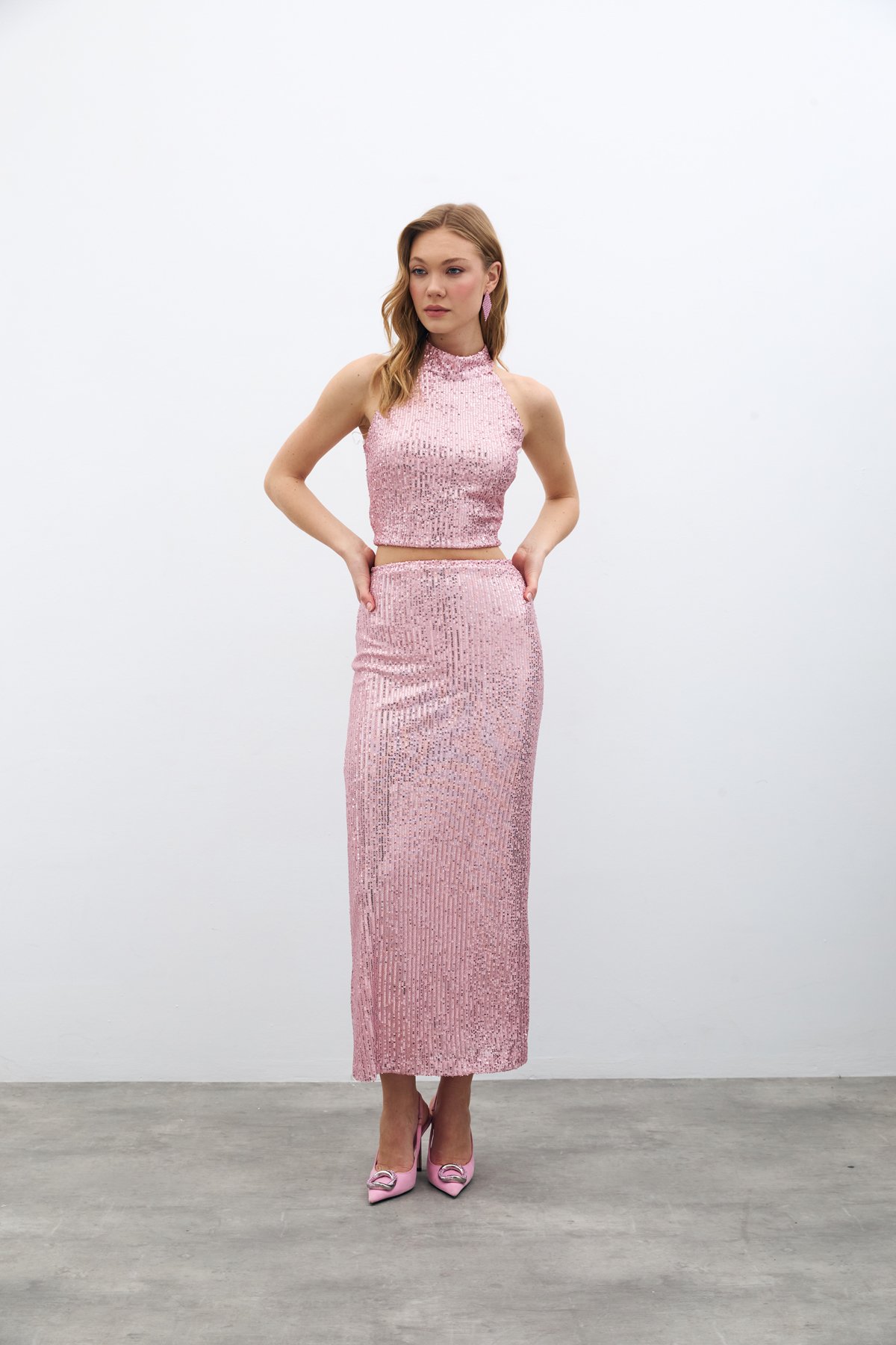 Fermuarlı Karolin Midi Etek - Pudra