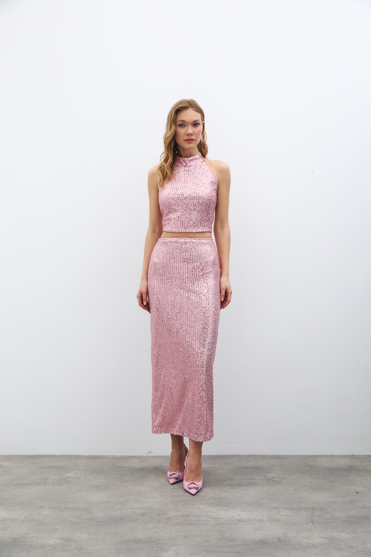 Fermuarlı Karolin Midi Etek - Pudra