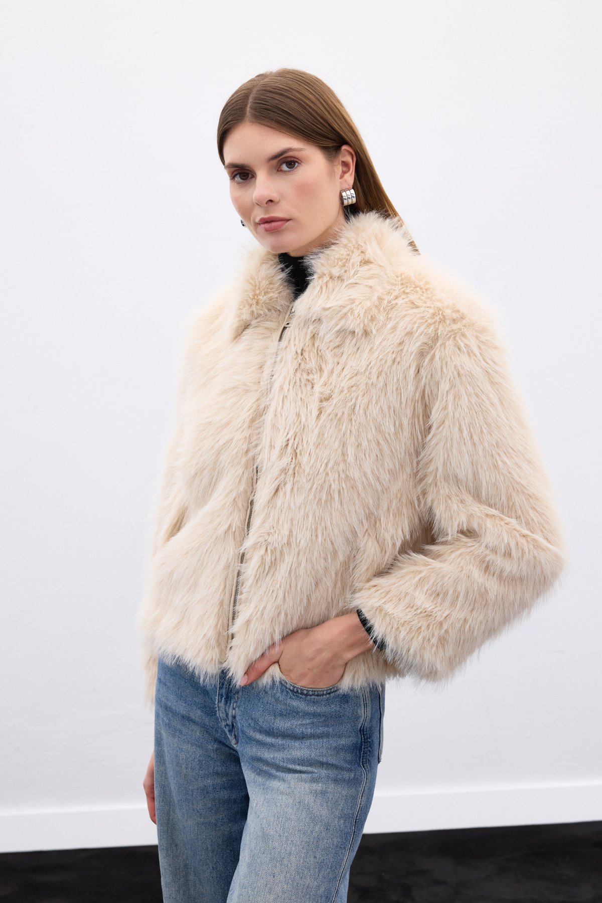 Fermuarlı Kürk - Bej