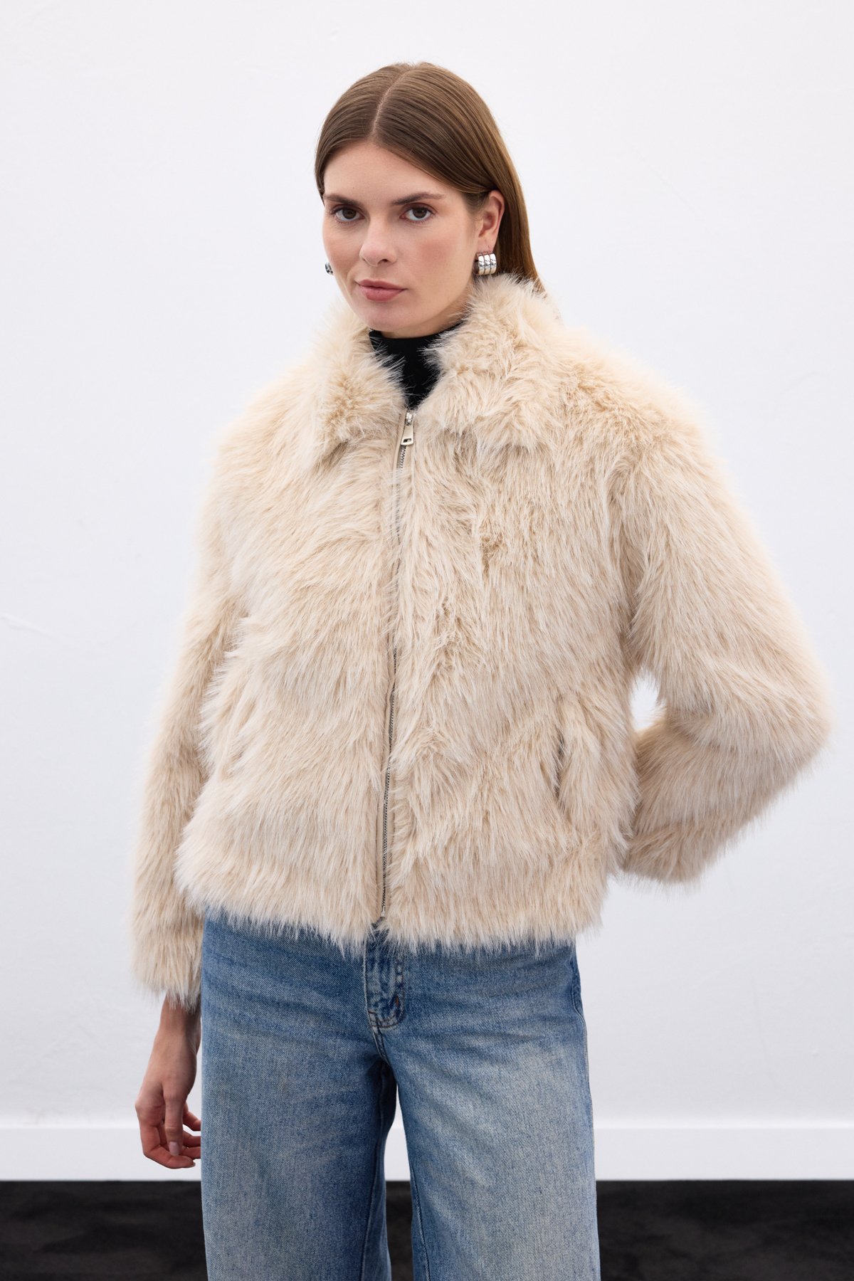 Fermuarlı Kürk - Bej