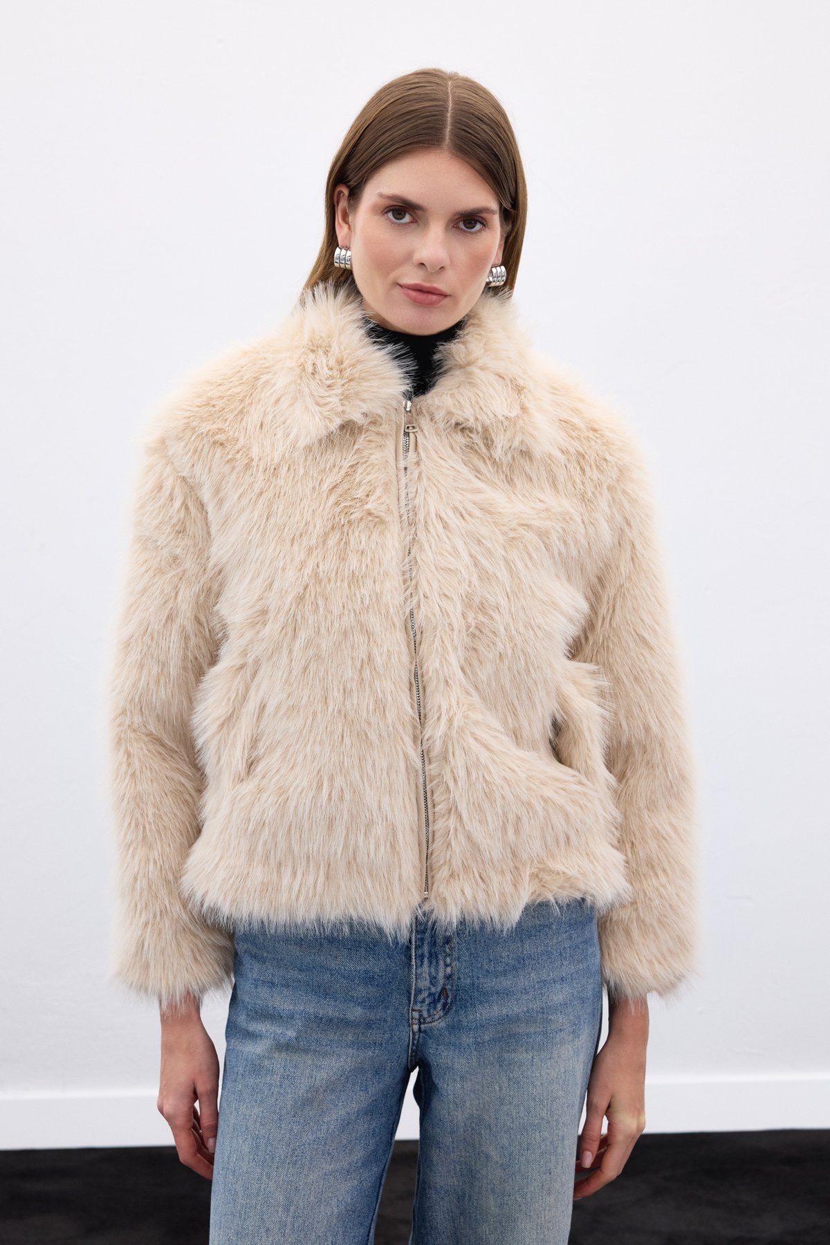 Fermuarlı Kürk - Bej