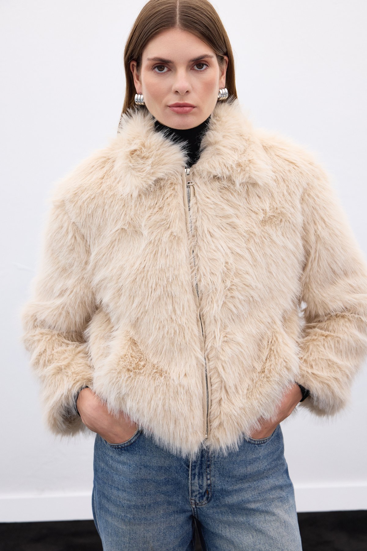 Fermuarlı Kürk - Bej