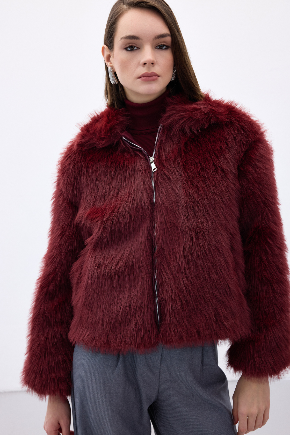 Fermuarlı Kürk - Bordo