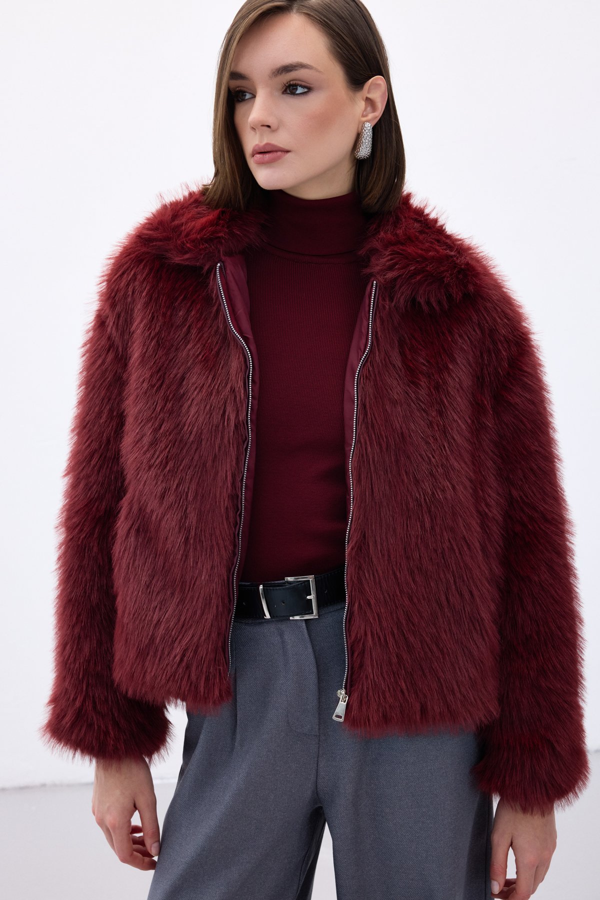 Fermuarlı Kürk - Bordo