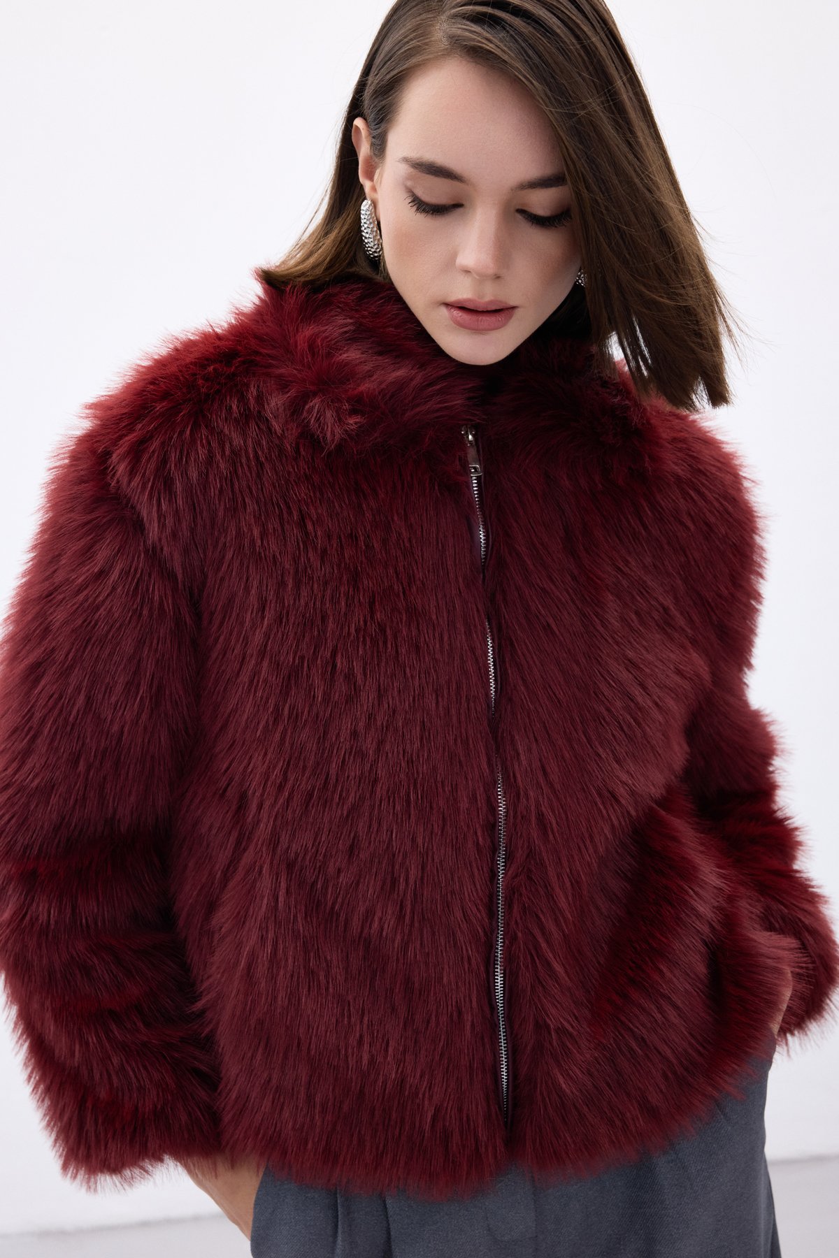 Fermuarlı Kürk - Bordo