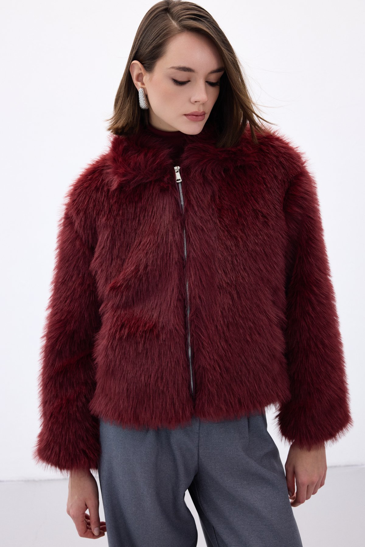 Fermuarlı Kürk - Bordo