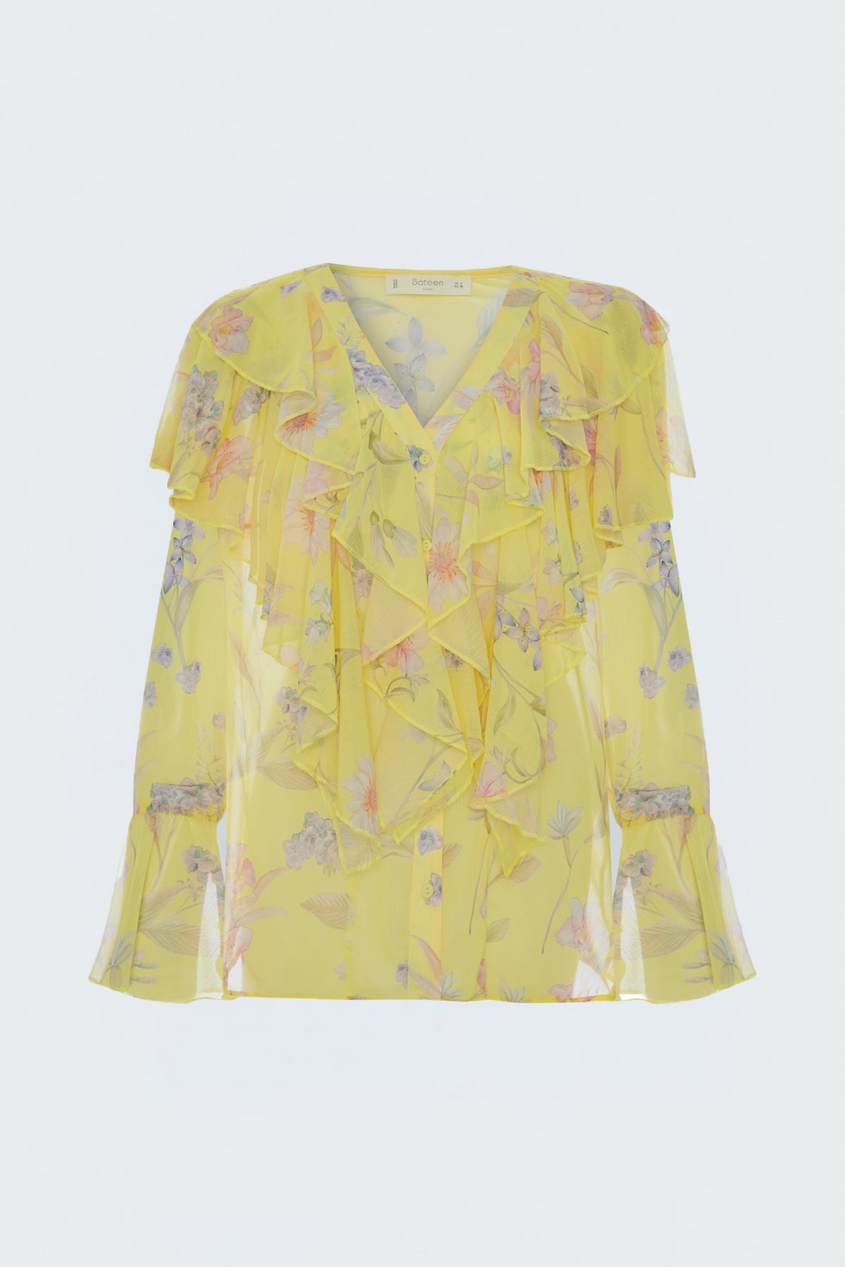 Ruffle-Detail Patterned Shirt - Yellow