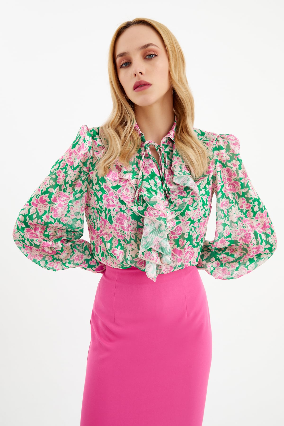 Ruffle neck floral print blouse - GREEN