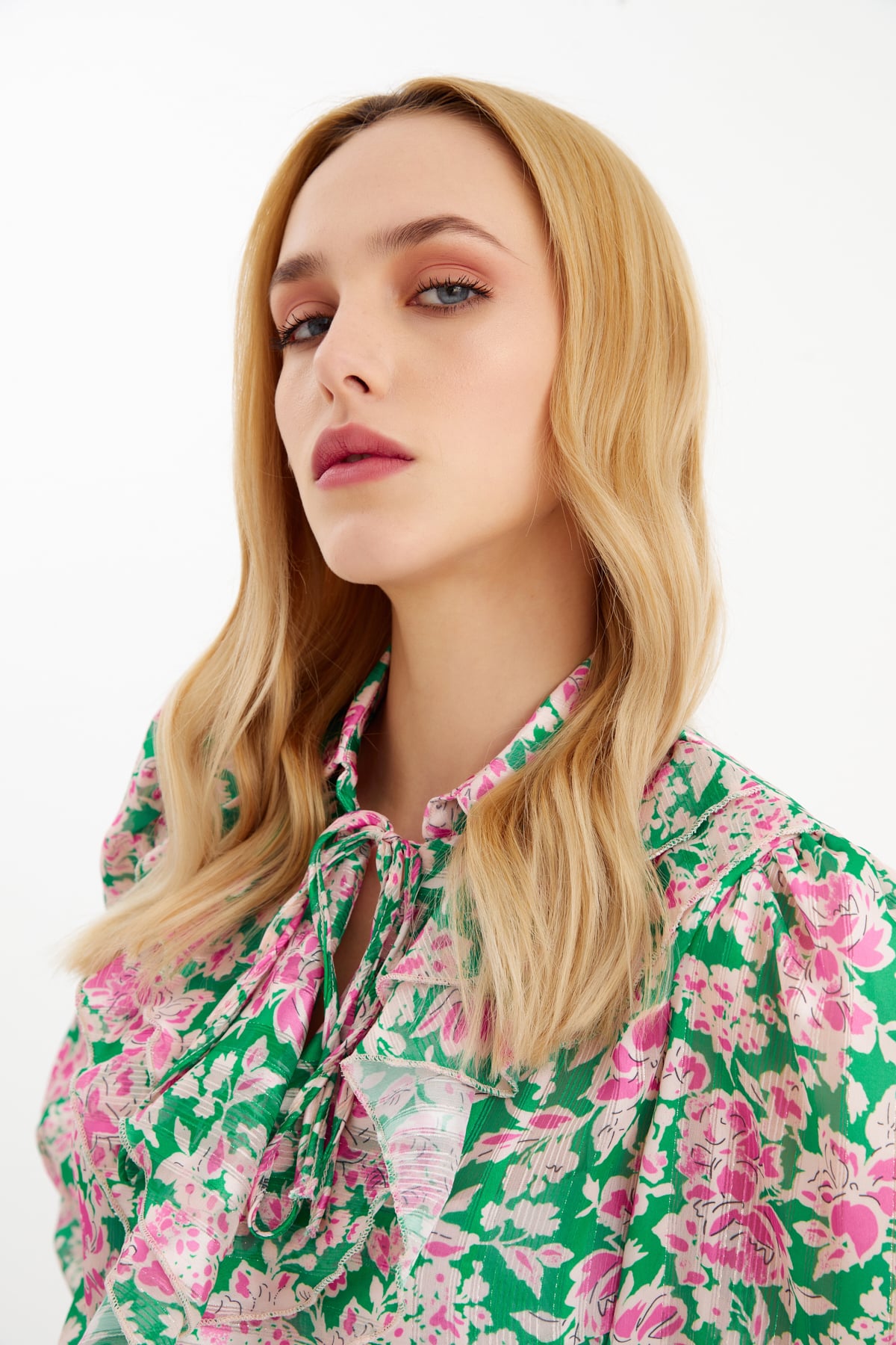Ruffle neck floral print blouse - GREEN