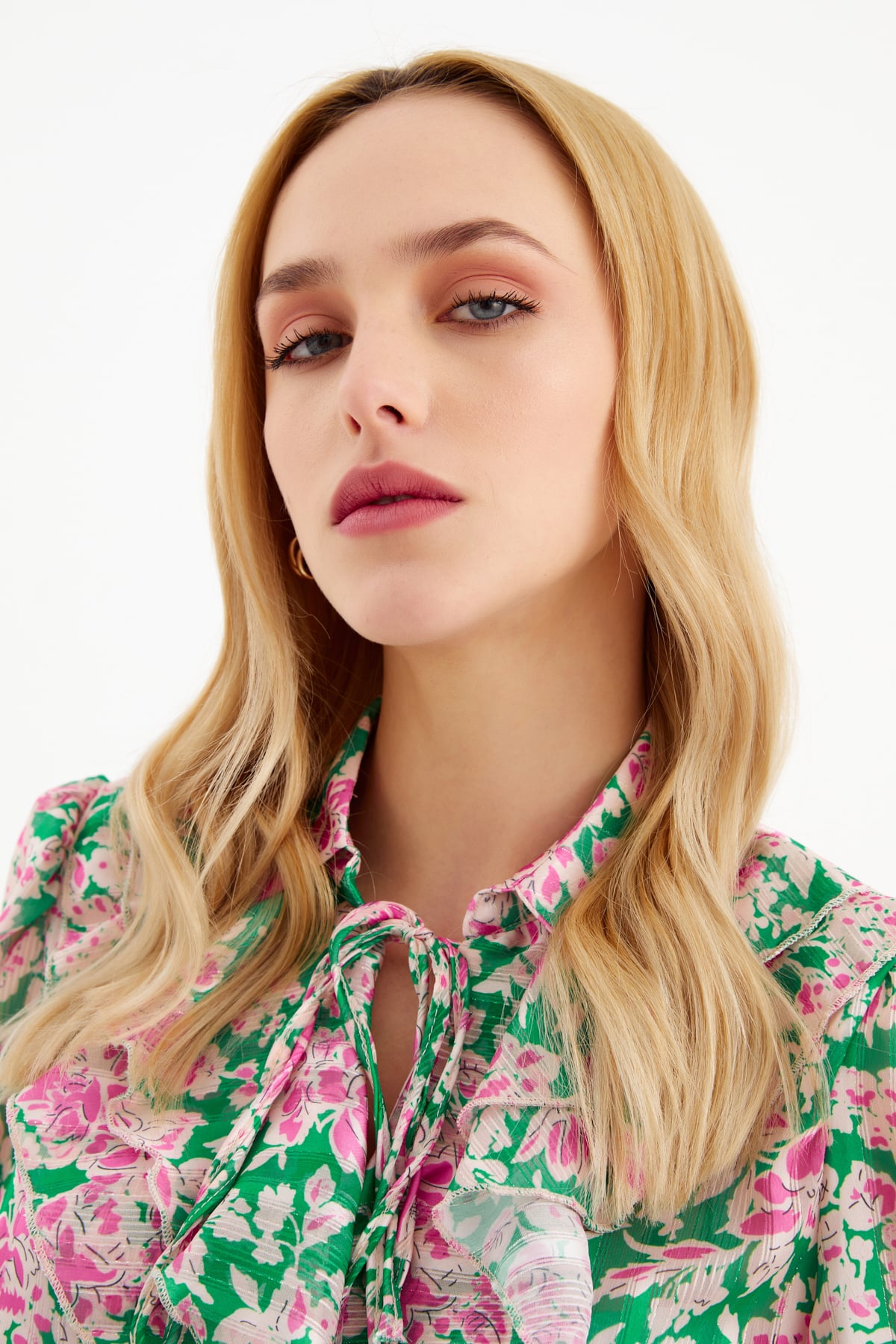 Ruffle neck floral print blouse - GREEN