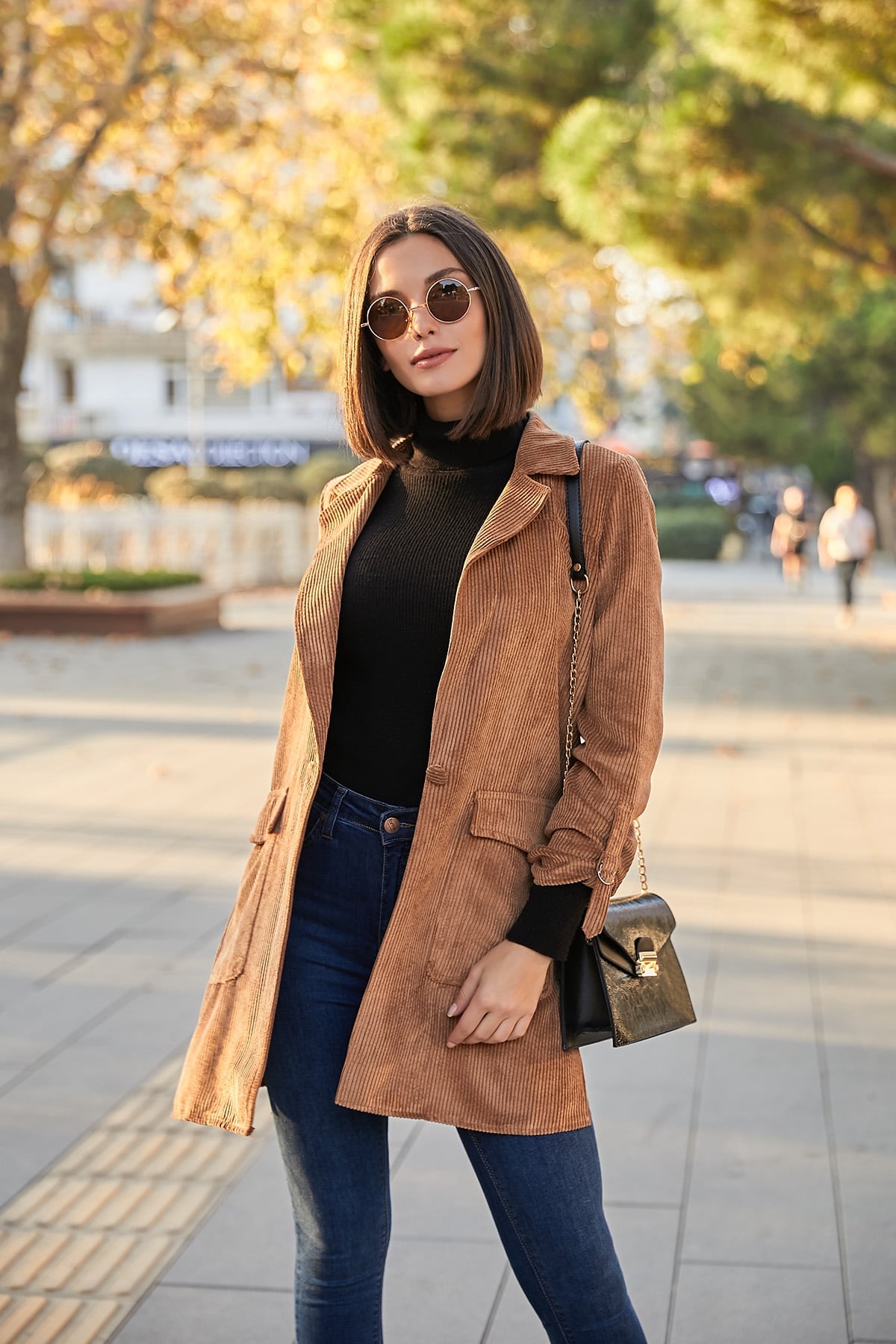 Fitilli Kadife Uzun Ceket - CAMEL